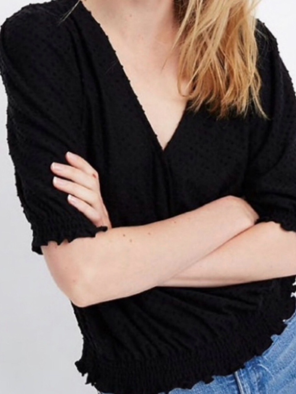 Madewell Black Textured V-Neck Top with Dot Detail